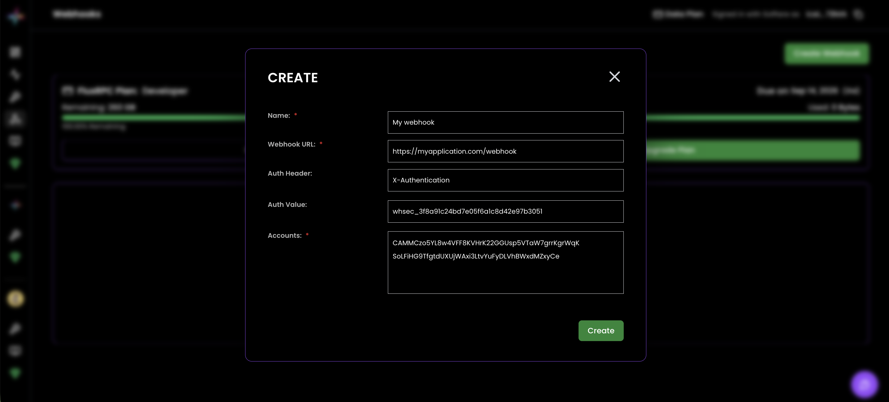 The Create webhook dialog with the Name, Webhook URL, Auth Header, Auth Value, and Accounts fields