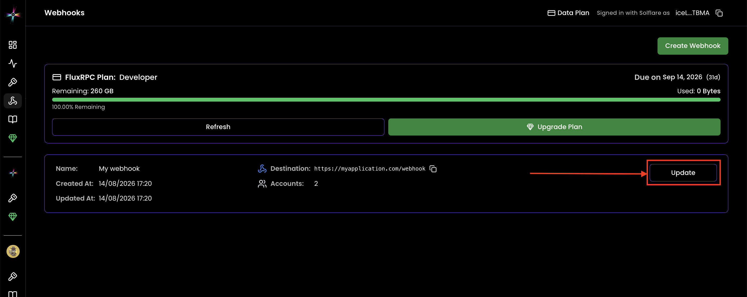 The Webhooks page with the Update button on a webhook highlighted