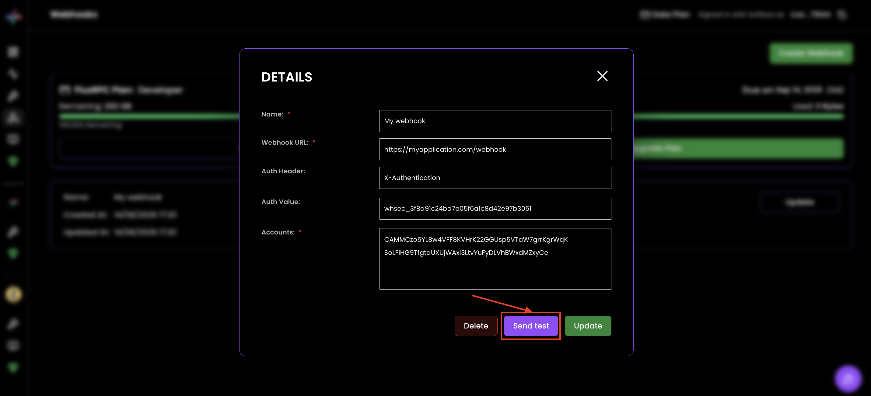 The webhook details dialog showing the Delete, Send test, and Update buttons