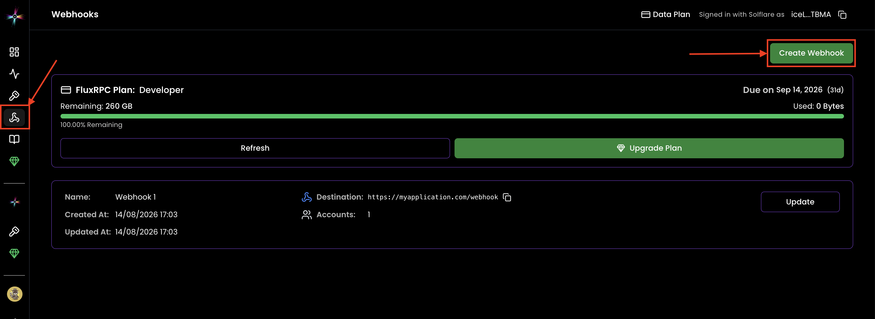 The Webhooks page in the FluxRPC dashboard, with the Create Webhook button and an existing webhook listed below